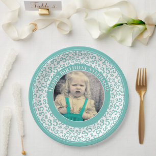 Assiettes En Carton 35 Votre photo Numéro Aléatoire Motif Turquoise/Bl