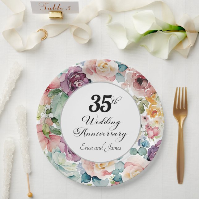 Assiettes En Carton 35e anniversaire de Mariage Élégant script floral (Mariage)