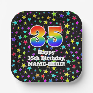 Assiettes En Carton 35e anniversaire : Fun Stars Motif et Rainbow "35"