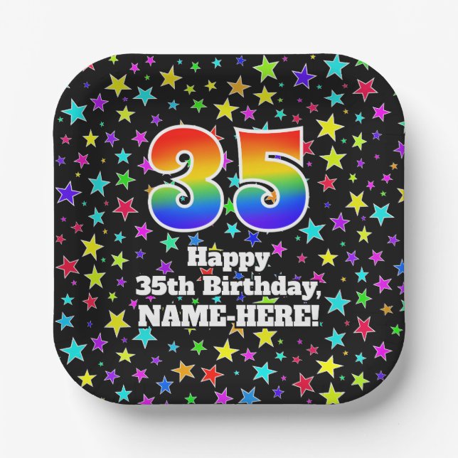 Assiettes En Carton 35e anniversaire : Fun Stars Motif et Rainbow "35" (Recto)