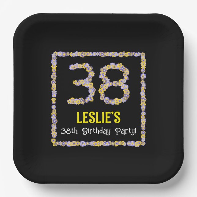 Assiettes En Carton 38e anniversaire : Floral Flowers Numéro, Nom pers (Recto)