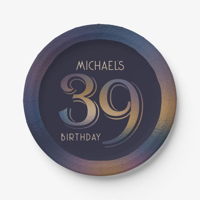 Assiettes En Carton 39ème anniversaire moderne violet foncé et or (Devant)