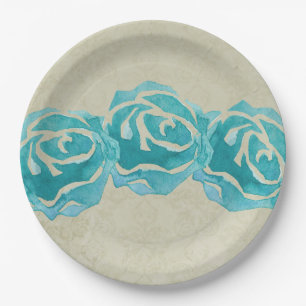 Assiettes En Carton 3 Roses Turquoises d'aquarelle sur le motif Tan Da