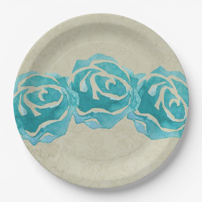 Assiettes En Carton 3 Roses Turquoises d'aquarelle sur le motif Tan Da (Devant)