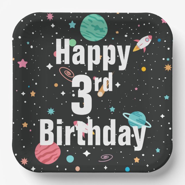Assiettes En Carton 3e anniversaire Rocket Ships et Planètes (Recto)