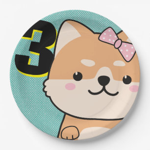 Assiettes En Carton 3ème anniversaire de fête Cute Shiba Inu Puppy Yuk