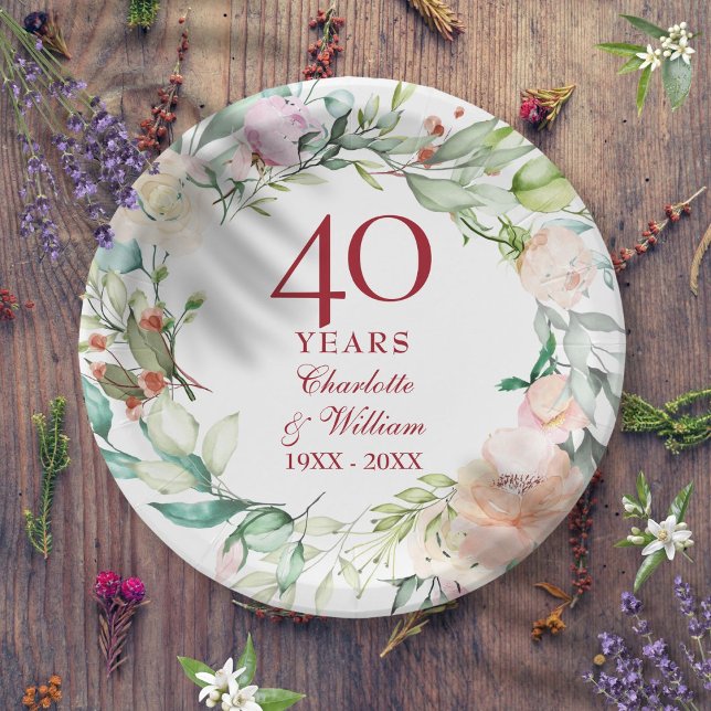 Assiettes En Carton 40 ans de mariage chic roses florales Rubis (40th Ruby Wedding Anniversary Chic Roses Floral Paper Plates)