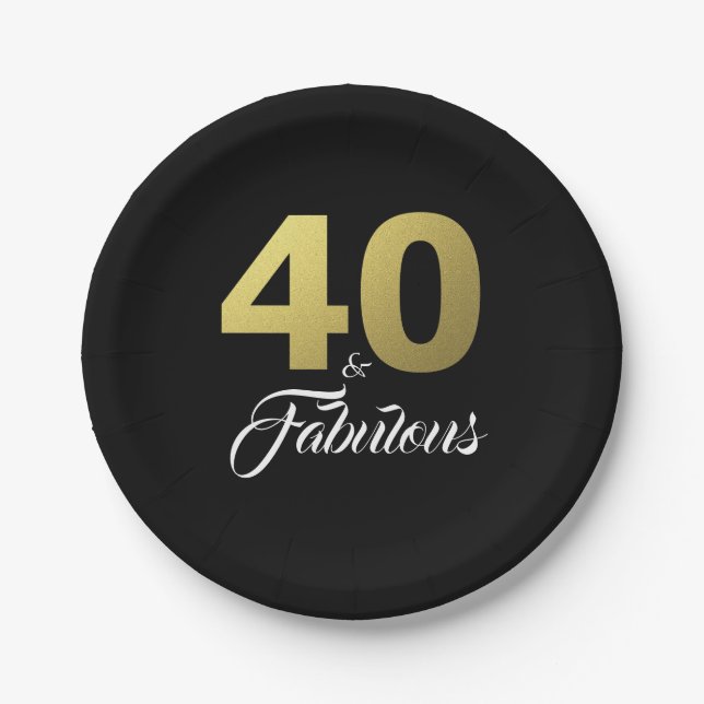Assiettes En Carton 40 et Fabulous Black and Gold fête d'anniversaire (Devant)