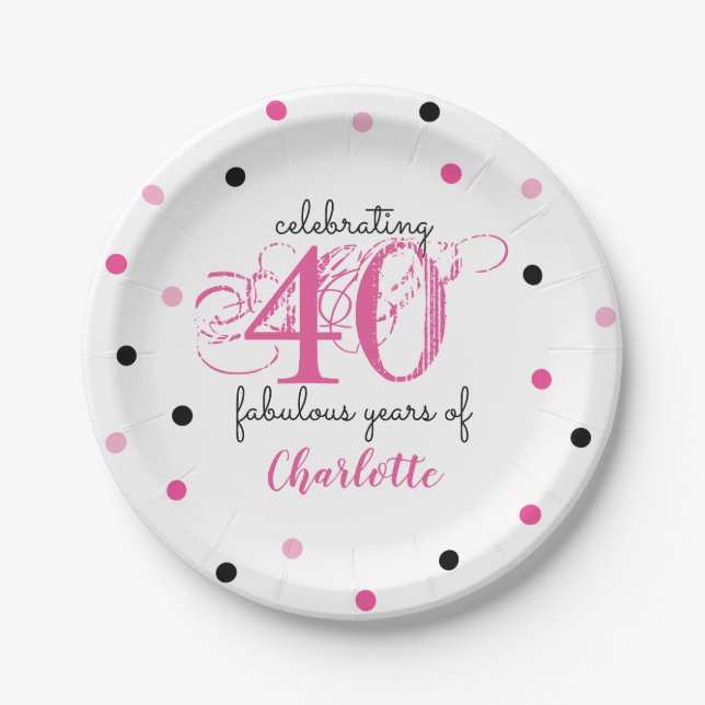 Assiettes En Carton 40e anniversaire 40 fabuleuses années Rose Ajouter (Devant)