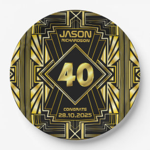 Assiettes En Carton 40e anniversaire Art Déco Gold Black Great Gatsby