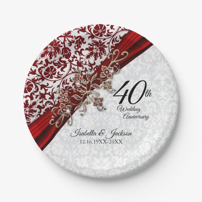 Assiettes En Carton 40e anniversaire de la Mariage rouge et blanche Ru (Devant)