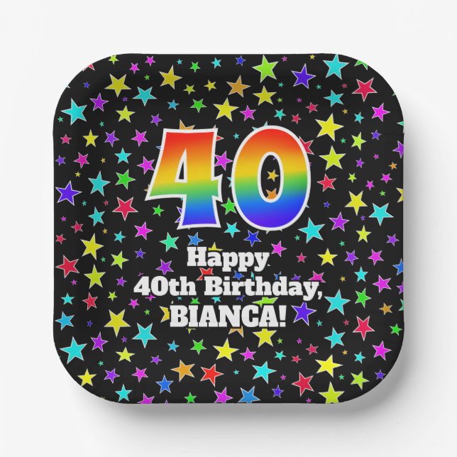 Assiettes En Carton 40e anniversaire : Fun Stars Motif et Rainbow "40" (Recto)