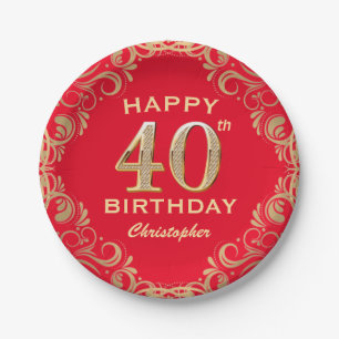 Assiettes En Carton 40e anniversaire Parties scintillant rouge et or c
