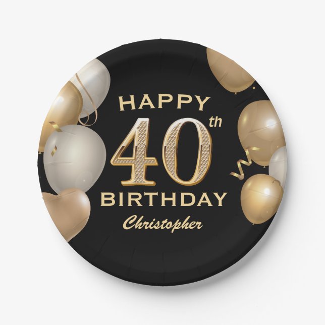 Assiettes En Carton 40e fête d'anniversaire Ballons noirs et or (Devant)