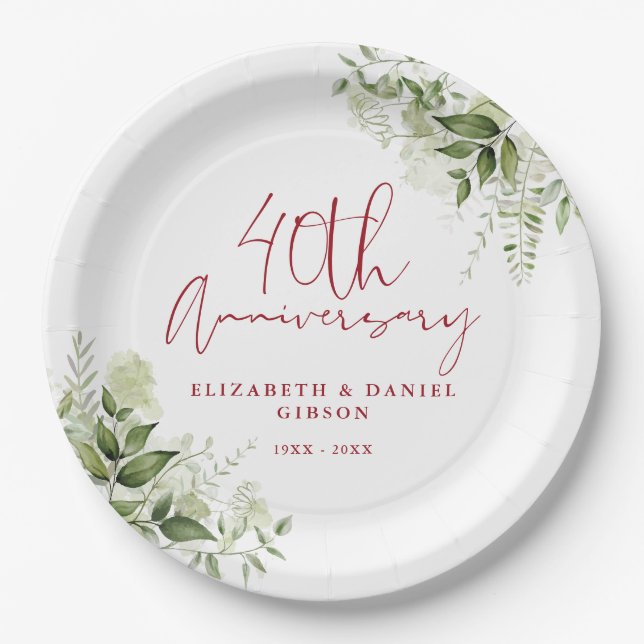 Assiettes En Carton 40th Wedding Anniversary Greenery Floral (Devant)