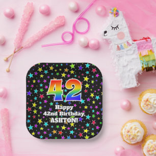 Assiettes En Carton 42e anniversaire : Fun Stars Motif et Rainbow "42"