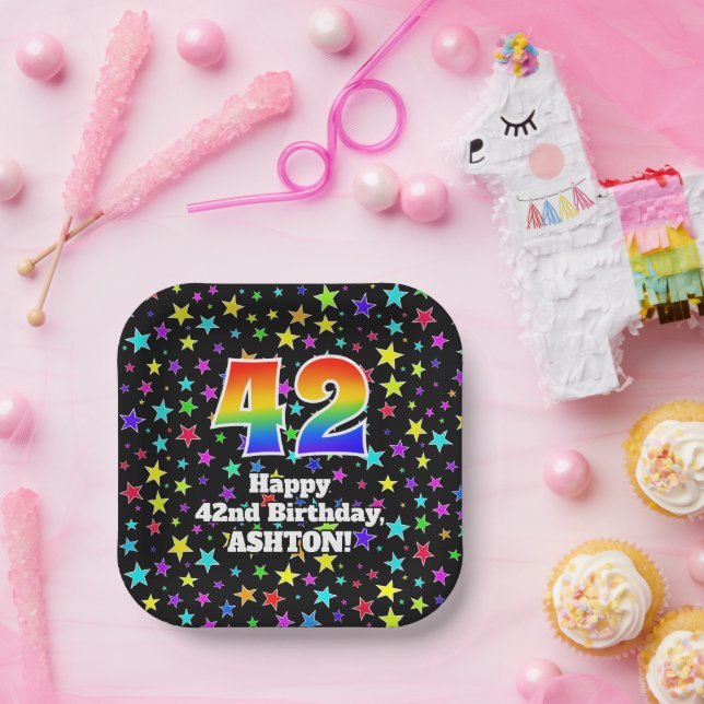 Assiettes En Carton 42e anniversaire : Fun Stars Motif et Rainbow "42" (Fête)