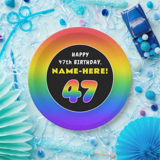 Assiettes En Carton 47e anniversaire : Arc-en-ciel coloré # 47, Nom pe (Fête)