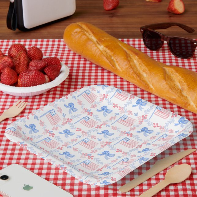 Assiettes En Carton 4 juillet aquarelle patriotique personnalisée (Pique-nique)