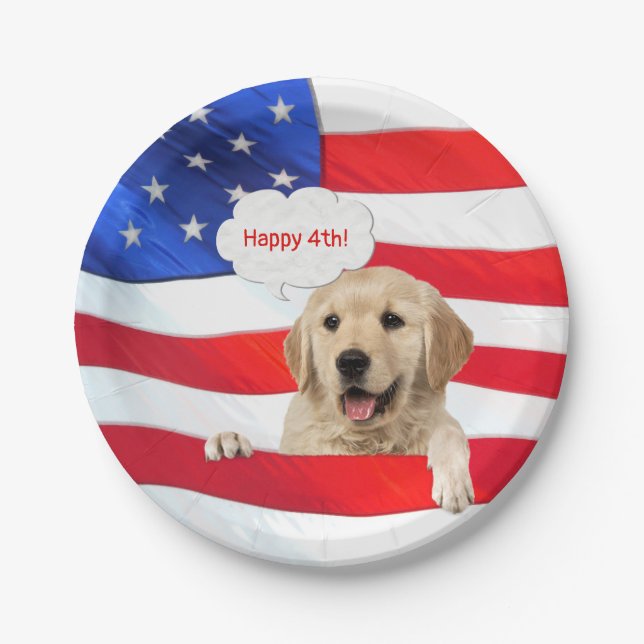 Assiettes En Carton 4 juillet chien sur le drapeau américain (Devant)