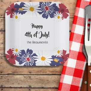 Assiettes En Carton 4 juillet Floral Rouge Bleu Été Plaque papier