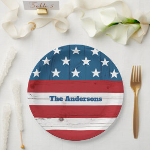 Assiettes En Carton 4 juillet Gras Étoiles Stripes Drapeau Bois rustiq