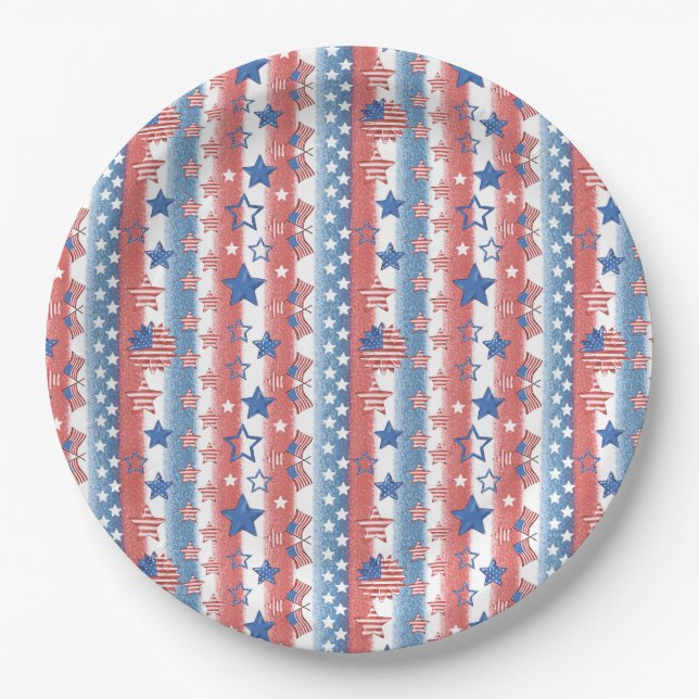 Assiettes En Carton 4 juillet moderne Étoiles & Flag Party Patriotique (Devant)