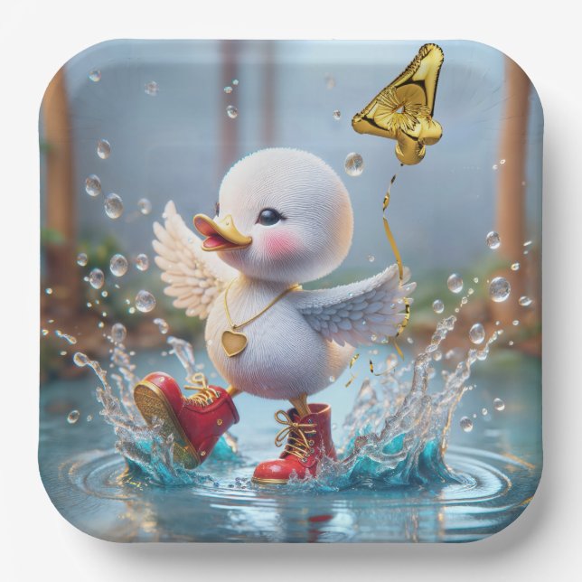 Assiettes En Carton 4e anniversaire Duck Dancing In the Rain Puddle (Recto)