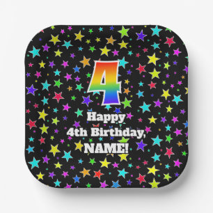 Assiettes En Carton 4e anniversaire : Fun Stars Motif et Rainbow "4"