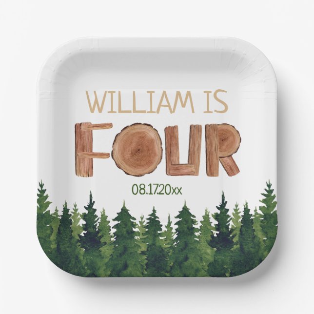 Assiettes En Carton 4th Birthday Name Green Trees  (Recto)
