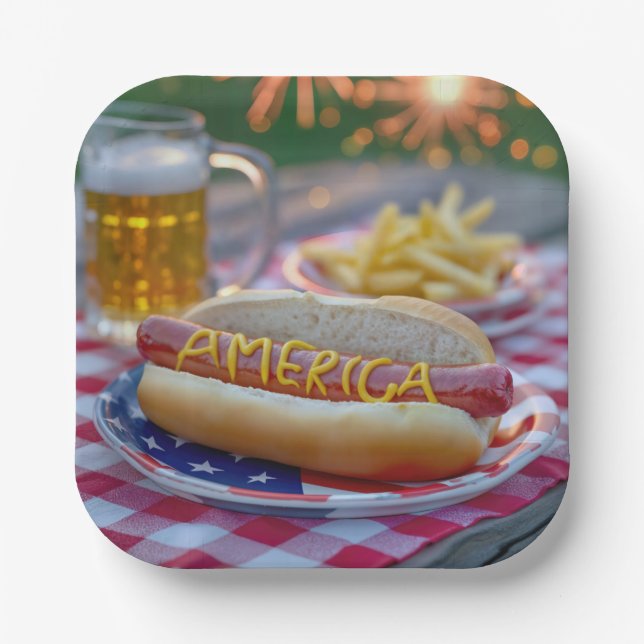 Assiettes En Carton 4th of July Hot Dog With Beer and Fries (Recto)