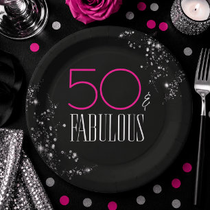 Assiettes En Carton 50 ans et Fabuleux Anniversaire Noir Rose Paillett