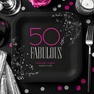 Assiettes En Carton 50 ans et Fabuleux Anniversaire Noir Rose Paillett
