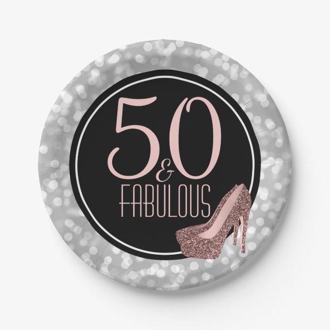 Assiettes En Carton 50 et cinquantième fête d'anniversaire de rose | (Devant)
