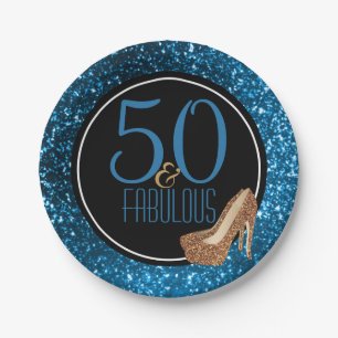 Assiettes En Carton 50 et cinquantième fête d'anniversaire d'or bleu