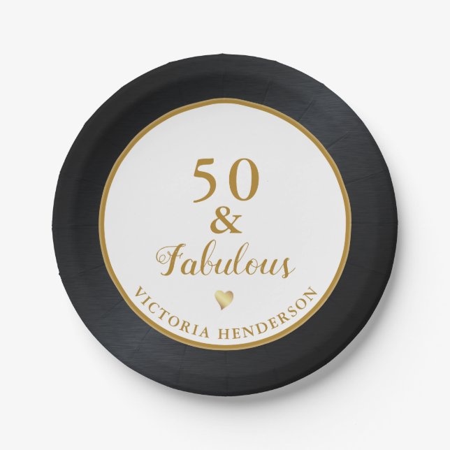 Assiettes En Carton 50 et fabuleux anniversaire Black White Gold (Devant)