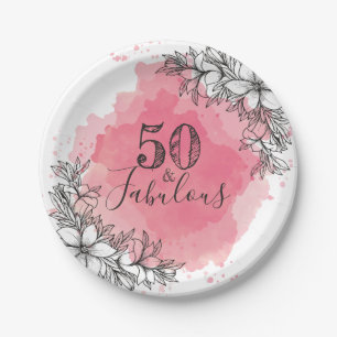 Assiettes En Carton 50 Et Fabuleux.Anniversaire. Fleurs en aquarelle.