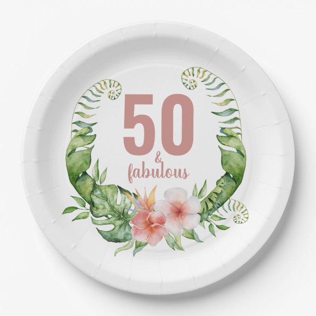 Assiettes En Carton 50 et fabuleux floral blush rose script anniversai (Devant)