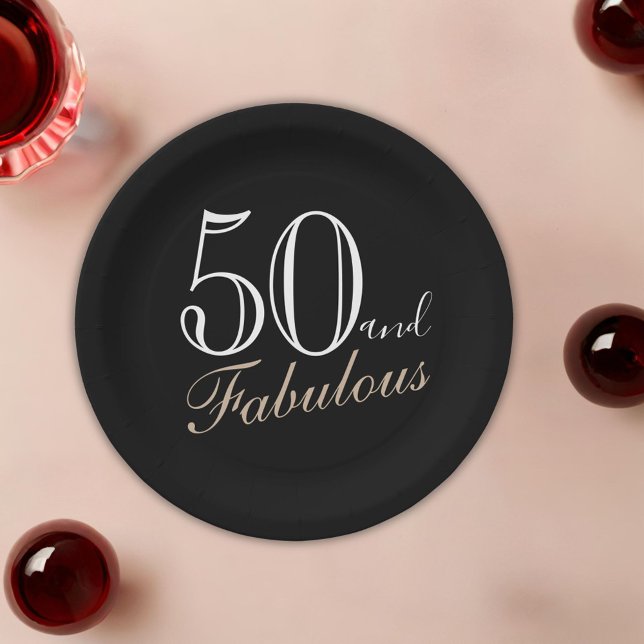 Assiettes En Carton 50 et fabuleux script élégant noir 50e anniversair (Créateur téléchargé)