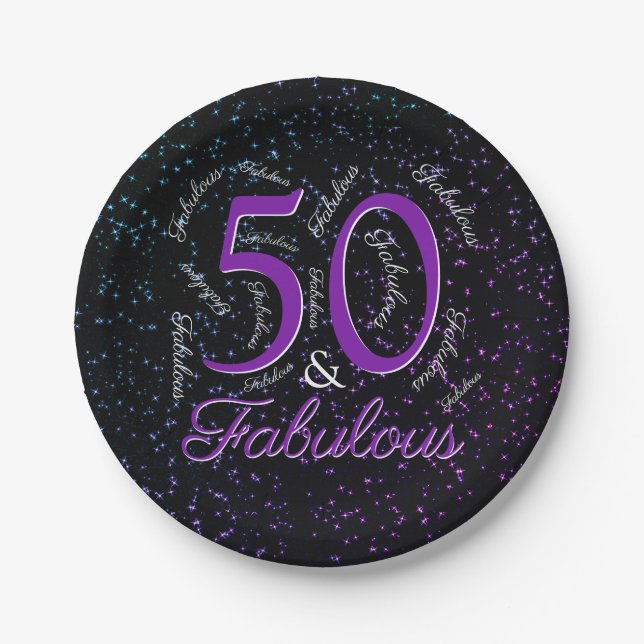 Assiettes En Carton 50 Et Fabulous Anniversaire Violet Noir Élégant (Devant)
