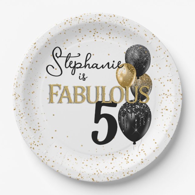 Assiettes En Carton 50 & Fabulous Black Gold Glam Carré plaque papier (Devant)