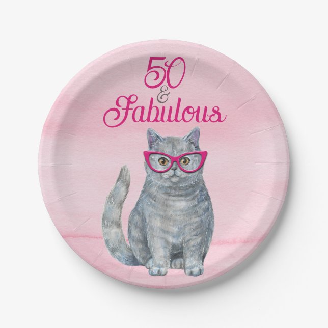 Assiettes En Carton 50 & Fabulous Chat, rose et gris, 50e anniversaire (Devant)