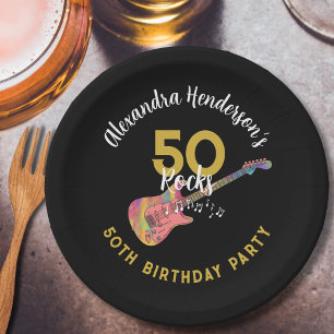 Assiettes En Carton 50 Rocks Guitare rose 50ème anniversaire
