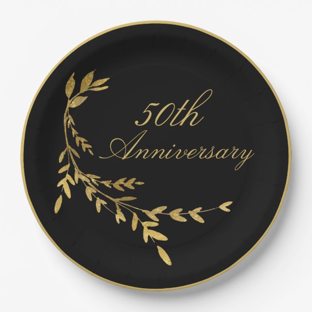 Assiettes En Carton 50e anniversaire 50 Cinquante feuille d'or noir (Devant)