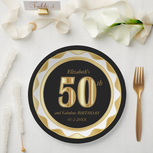 Assiettes En Carton 50e anniversaire / Anniversaire - Noir & Or (Mariage)