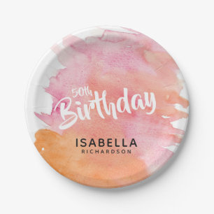 Assiettes En Carton 50e anniversaire Aquarelle rose et orange