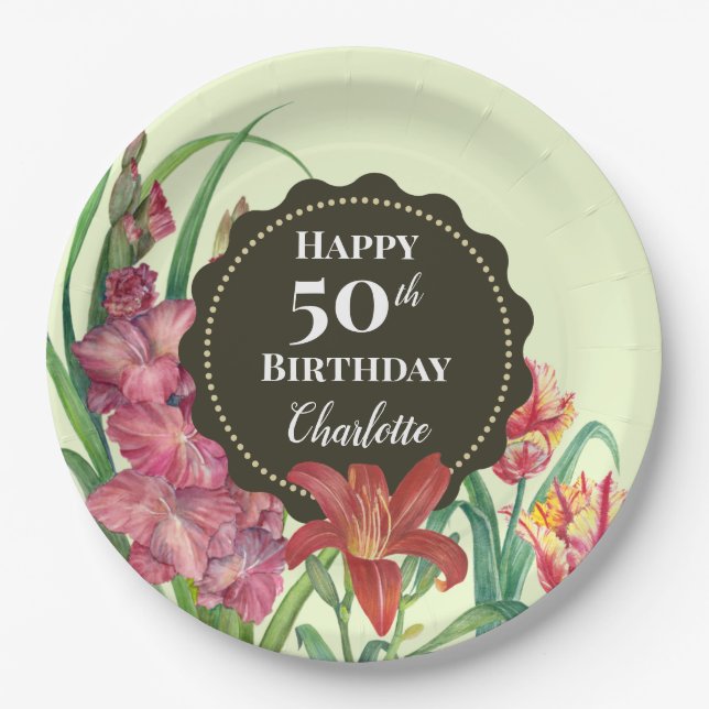 Assiettes En Carton 50e anniversaire Chaleureux Printemps Floral peint (Devant)