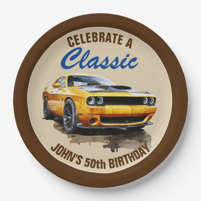 Assiettes En Carton 50e Anniversaire Classic Yellow Muscle Car (Devant)