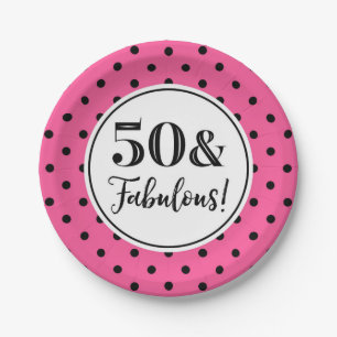 Assiettes En Carton 50e anniversaire de fête rose blanc points noirs