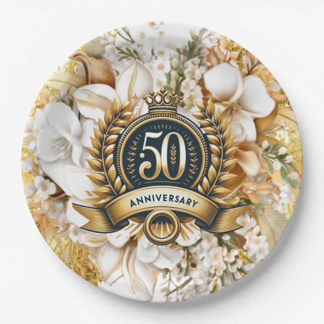 Assiettes En Carton 50e anniversaire de la florale blanche et or (Devant)